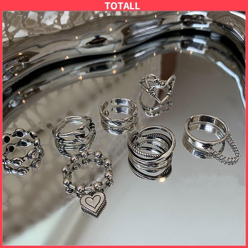 COD 7Pcs/Set Perhiasan Cincin Rantai Cinta Fashion Korea Vintage Adjustable Gaya Untuk Wanita-Totall