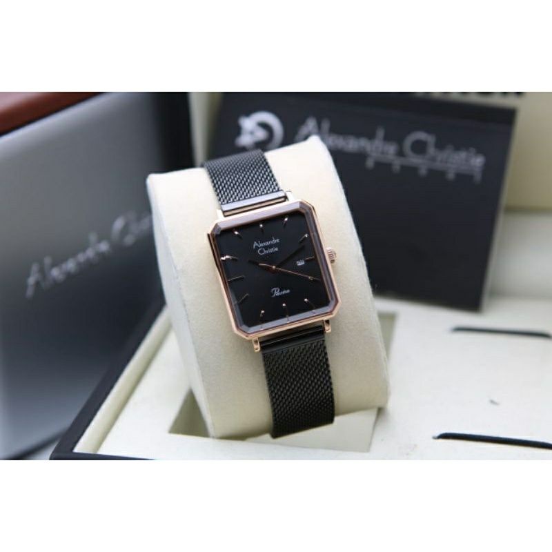 jam tangan alexandre christie wanita kotak segi rantai pasir AC 2940 hitam