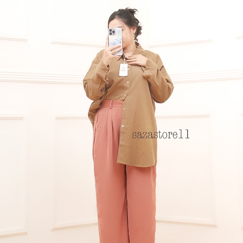 Kemeja Linen Oversized - Oversize Shirt-OVERSIZE LATTE