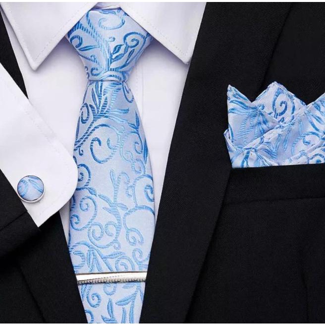 Gift set biru muda sky blue batik lengkap dasi panjang pocket square