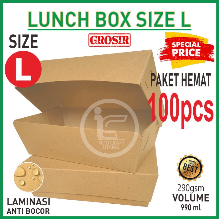 Bento Kotak Makan Kertas Paper Lunch Box Makanan Kraft Grosir Size L 100Pcs