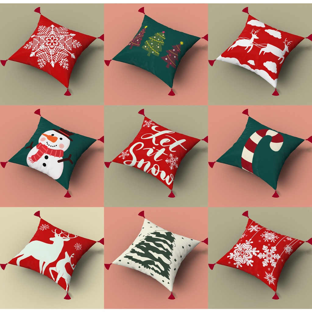 BANTAL SOFA PRINT MOTIF NATAL CHRISTMAS DENGAN TASSEL 40X40 CM