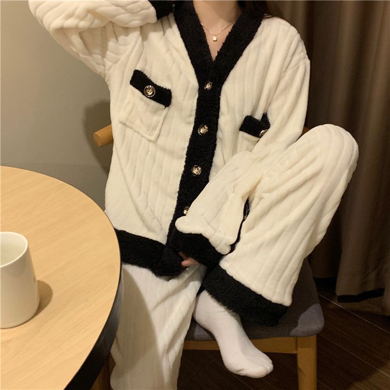 Suhao s new ins coral fleece pajamas women s autumn and winter plus beludru tebal flanel home service suit bisa dipakai di luar di musim dingin