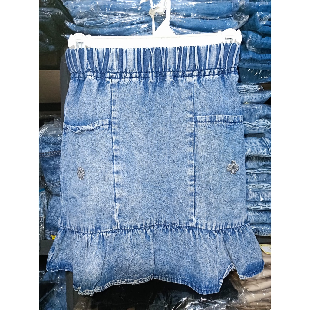 Rok Anak 7-9 tahun Saku Depan Emblem Ruffle | Rok Anak Perempuan Bahan jeans