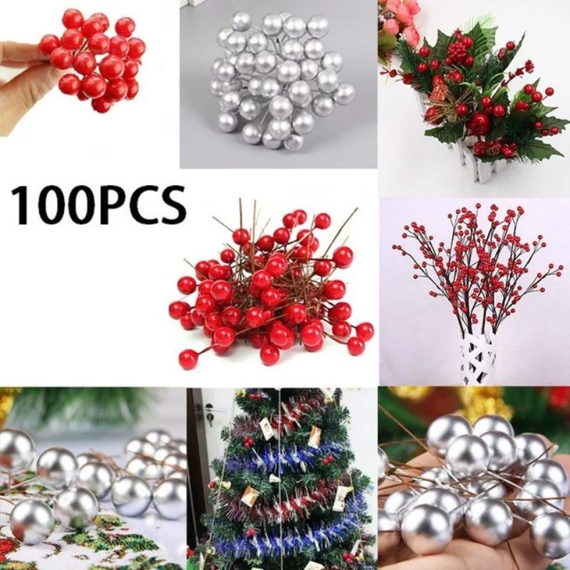 100Pcs Berry Natal Hiasan Pohon Natal / Artificial Christmas Red Holly Berry Xmas