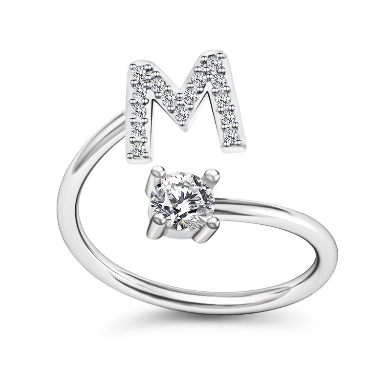 Korea Sederhana Surat Liar Berlian 26huruf Inggris Terbuka Adjustable Cincin Halo Perhiasan Gadis-M