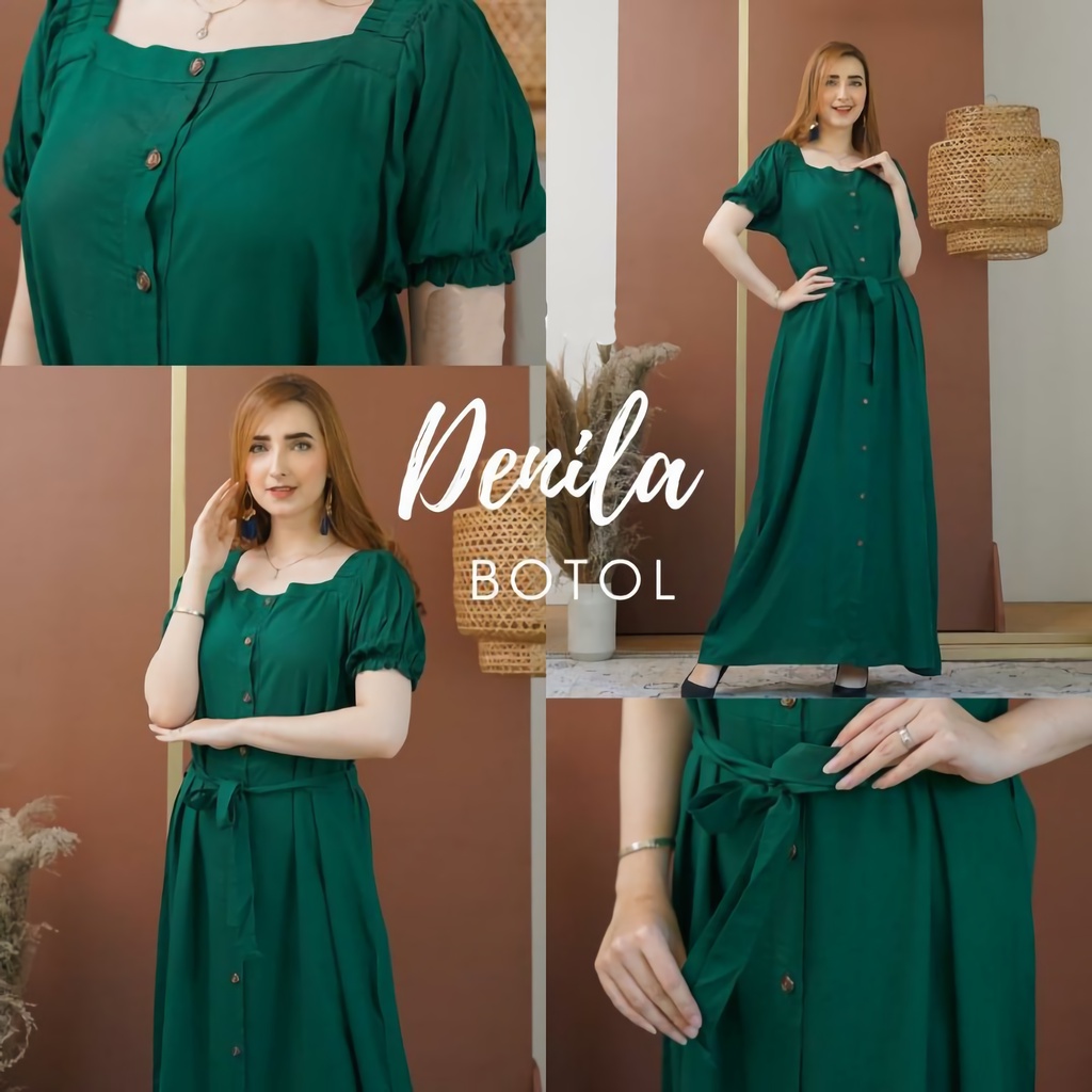 Dress Panjang Denila Bahan Rayon Kancing Depan Lengan Pendek