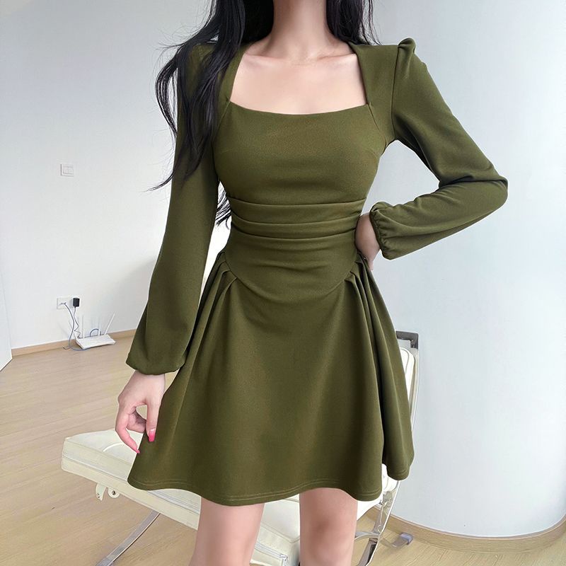 instunning French tea break retro square collar dress women s autumn new waist slimming skirt