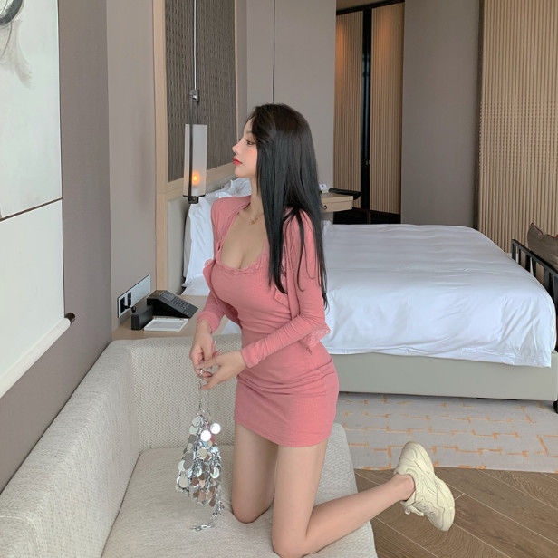 Suhao Renda Sling Pinggang Seksi Rajutan Gaun Wanita Musim Gugur All-Match Lengan Panjang Kecil Cardigan Dua Potong setelan Gaya Hong Kong