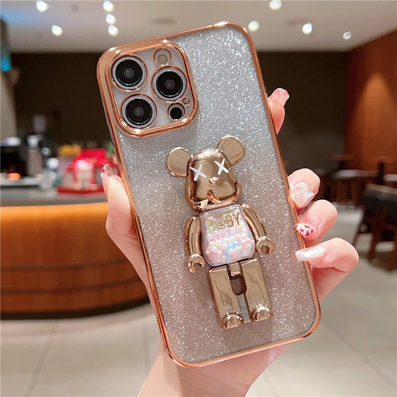 IPHONE Plating Candy Bear Bracket Glitter Powder Casing Ponsel Transparan Kompatibel Dengan Iphone14 13 12 11 Pro Max14 Plus Casing Lembut Anti Jatuh Anti slip