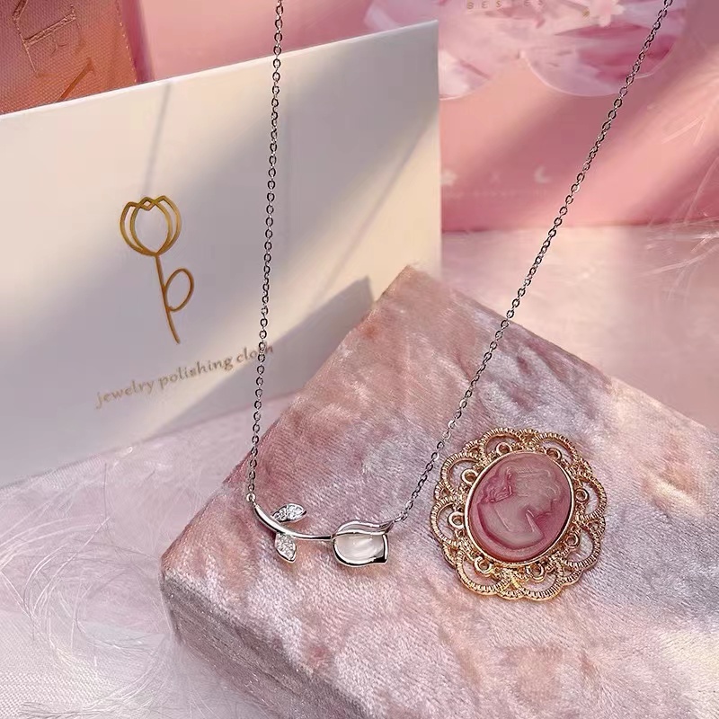 Kalung Rantai Klavikula Hias Liontin Opal Bentuk Tulip