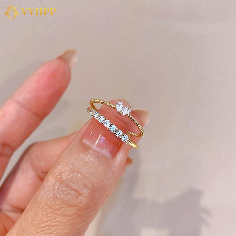 2pcs / Set Cincin Model Terbuka Adjustable Desain Hati Hias Kristal Warna Emas Untuk Wanita