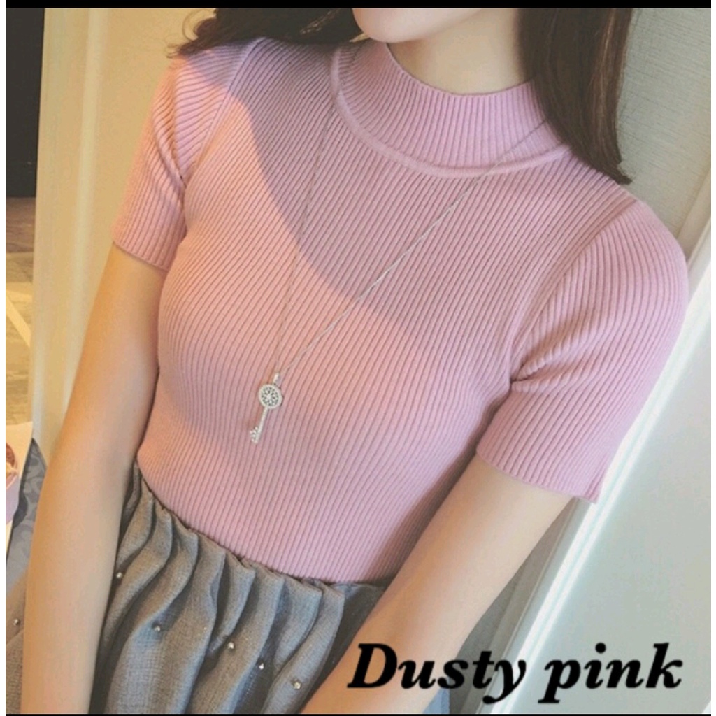 Atasan Rajut Wanita Turtleneck - Kerah Tinggi Lengan Pendek - Kaos Turtleneck Rib Turtleneck Lengan Pendek - Kaos Viral Korea Style