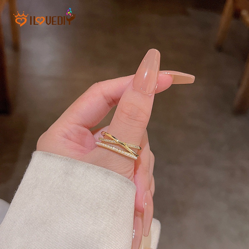 Cincin Model Terbuka Lapis Ganda Hias Mutiara Berlian Imitasi Bahan Zirkon Gaya Korea Untuk Wanita