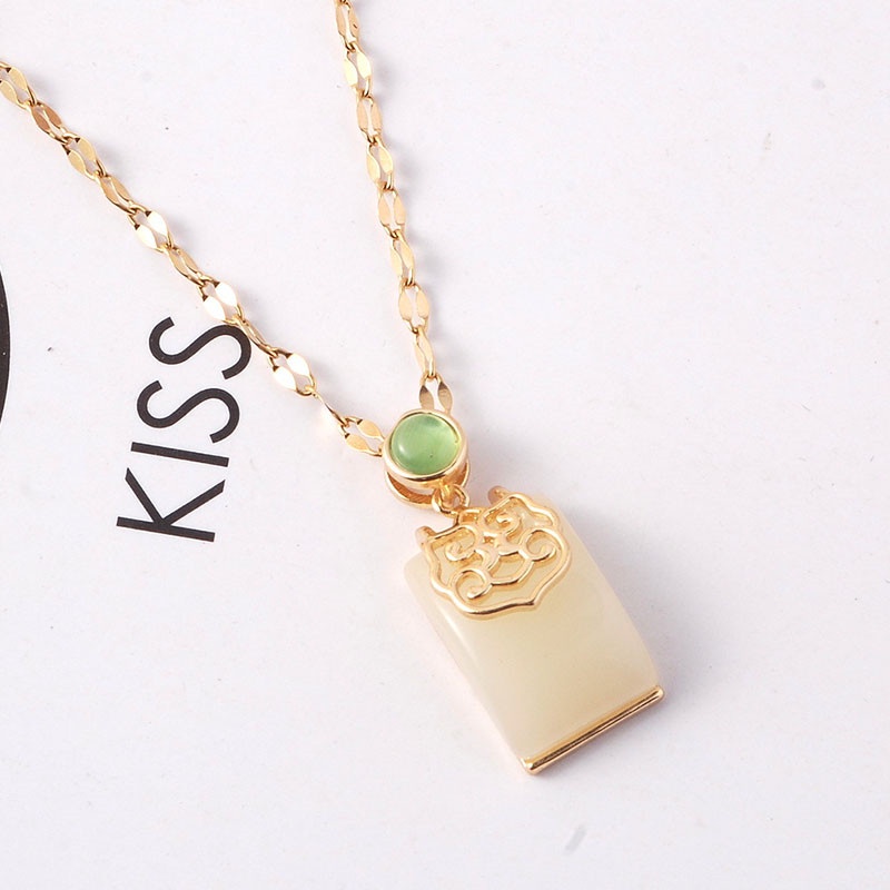 Kalung Liontin Giok Hetian Alami Bentuk Persegi Lapis Emas 18K Untuk Wanita