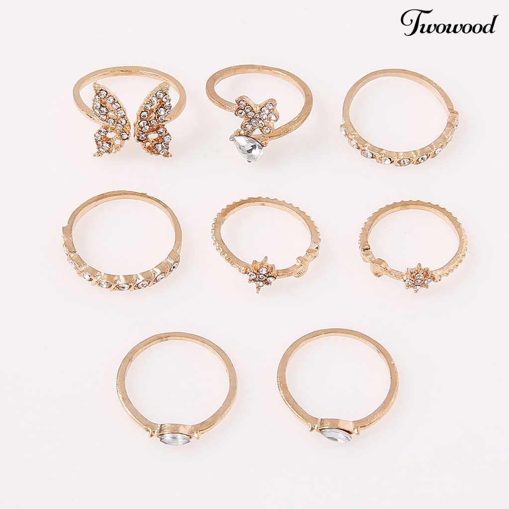 8pcs Cincin Knuckle Desain Kupu-Kupu Bunga Aksen Berlian Imitasi Untuk Wanita Element