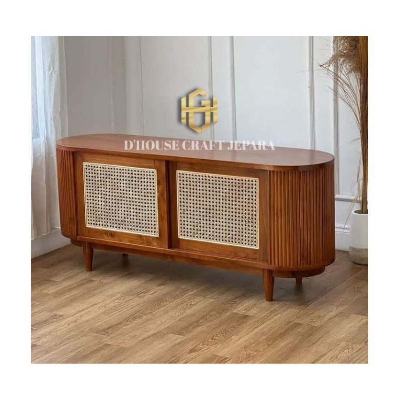 Buffet Minimalis Kombinasi Rotan Kayu Jati Panjang 150cm