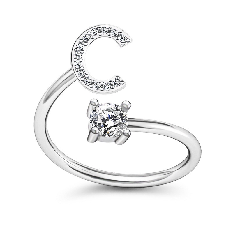 Korea Sederhana Surat Liar Berlian 26huruf Inggris Terbuka Adjustable Cincin Halo Perhiasan Gadis-C