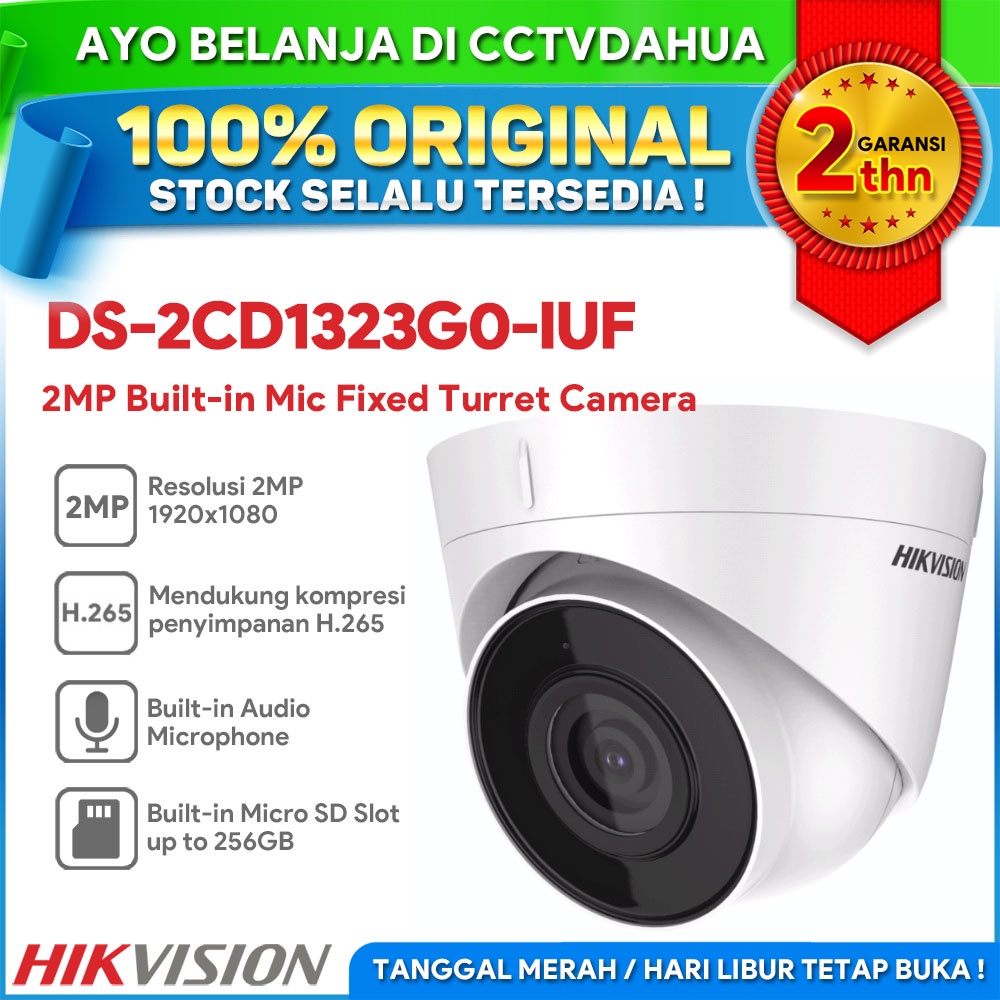 HIKVISION DS-2CD1323G0-IUF 2MP BUILD-IN MIC &amp; MICRO SD SLOT FIXED TURRET NETWORK CAMERA GARANSI 2TH