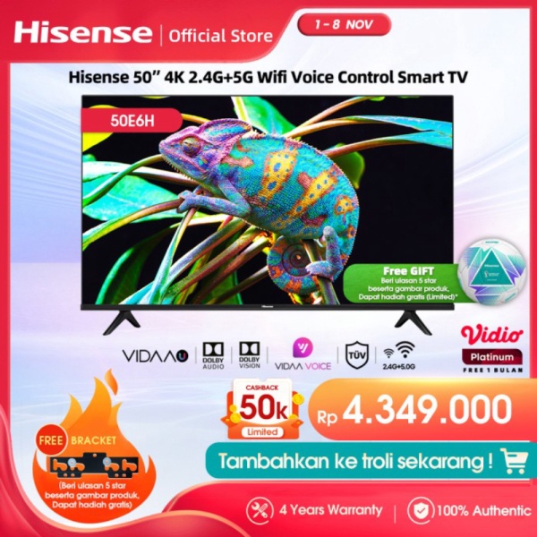 Hisense 50 inch Vidaa Smart 4K UHD TV-Bezelles design Model 50E6H Murah