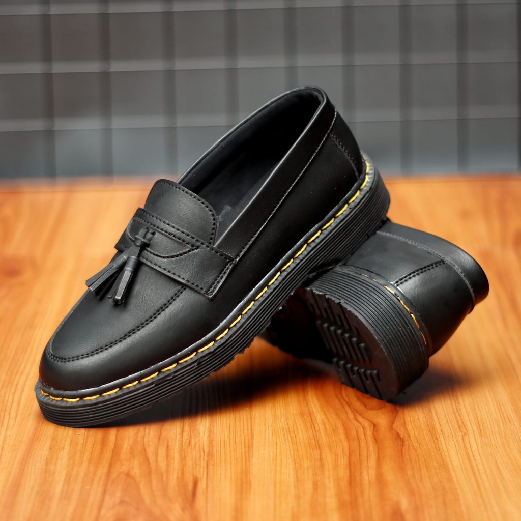 SEAN Sepatu Loafers Formal Pria Casual Kulit Sintetik Pantofel Hitam Kerja Kantor Kuliah