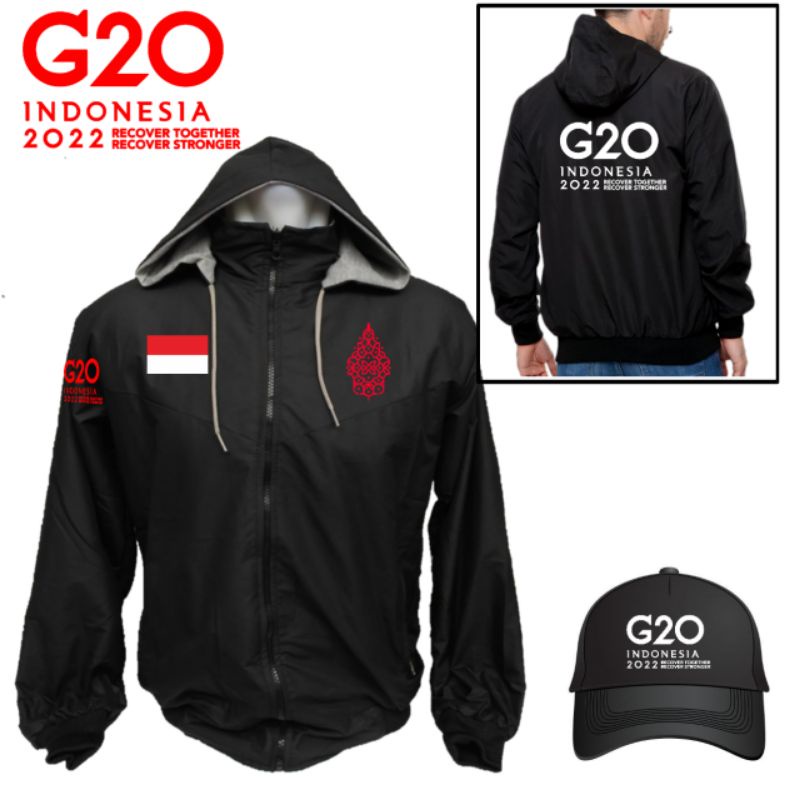 jaket paraust berkupluk G20 Indonesia jaket sablon bisa dipake bolak balik free topi