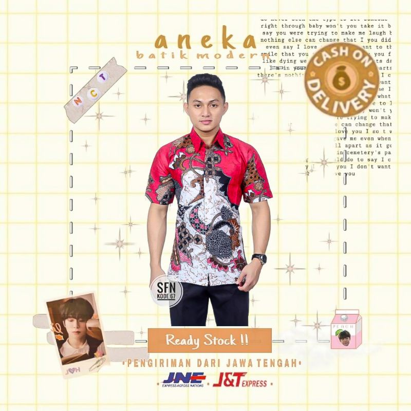 KEMEJA HEM BATIK PRIA COWOK LENGAN PENDEK MOTIF KAWUNG WARNA MERAH PUTIH MUDA PINK  CASUAL FORMAL XX
