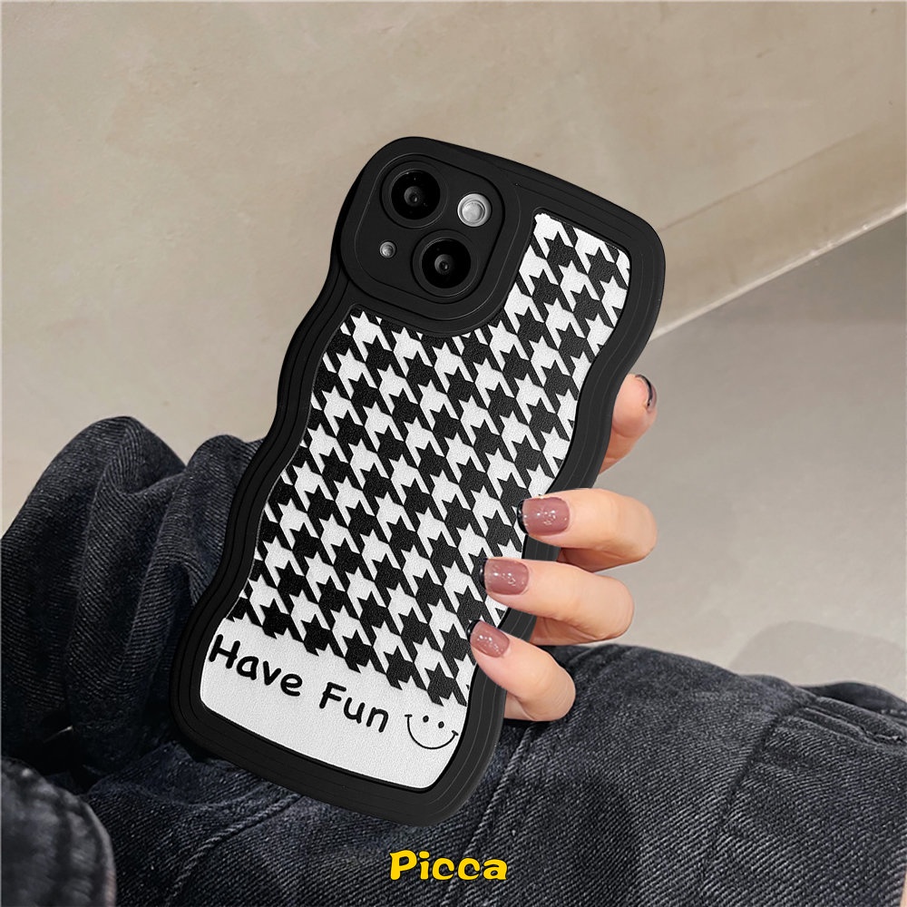 Case Vivo Y20 Y02 Y21s Y12 Y35 Y16 Y11 Y15s Y33s Y21 Y15 Y22 Y12i Y22s Y17 Y93 Y12s Y15A V20 V21 Y30 Y50 Y91C Y21T Y75 Y91 Ins Motif Smiley Houndstooth Hitam Wavy Edge Soft Cover