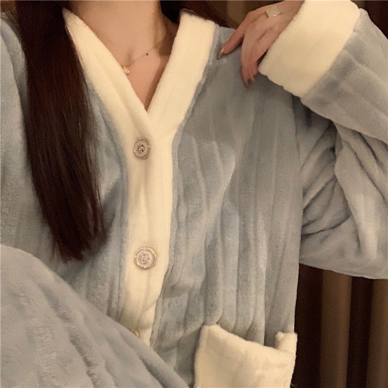 Suhao s new ins coral fleece pajamas women s autumn and winter plus beludru tebal flanel home service suit bisa dipakai di luar di musim dingin