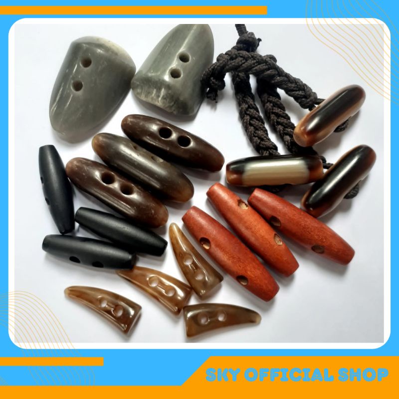 Original Stopper Kancing Kimtan Tanduk Variasi Tali 2 Lubang Wooden Button Toggle 2 Hole &amp; Cord Lock Akrilik Kayu Stok Garmen