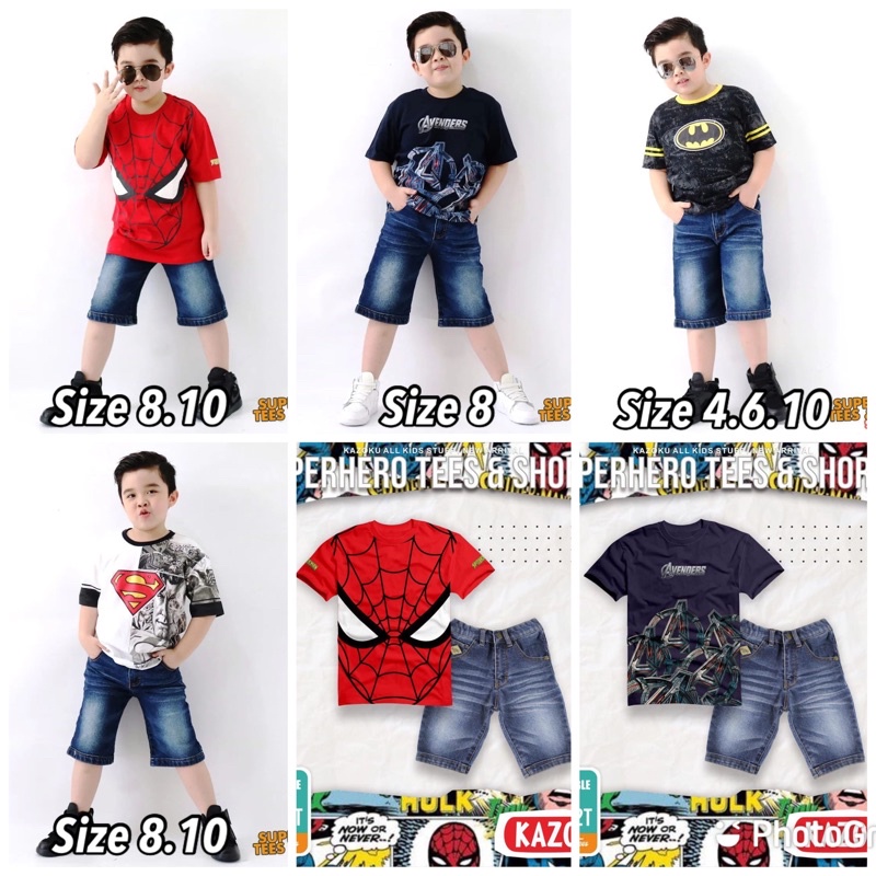 Ready Setelan Jeans Celana Pendek Superhero Kazoku Motif Kesukaan Anak2