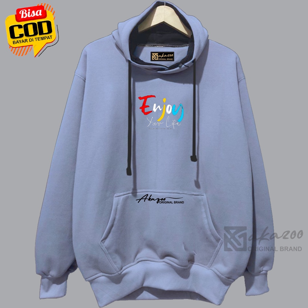 sweater pria dewasa terbaru kekinan tebal 2022 akazoo warna denim ENJOY YOUR LIFE hoodie wanita tebal korea