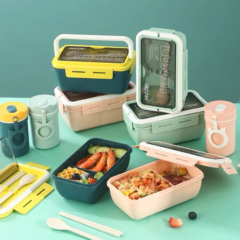 Lunch Box Bento 1400ML Kotak Makan 3 Sekat Free Sendok,Garpu,Cangkir Sup  BPA FREE