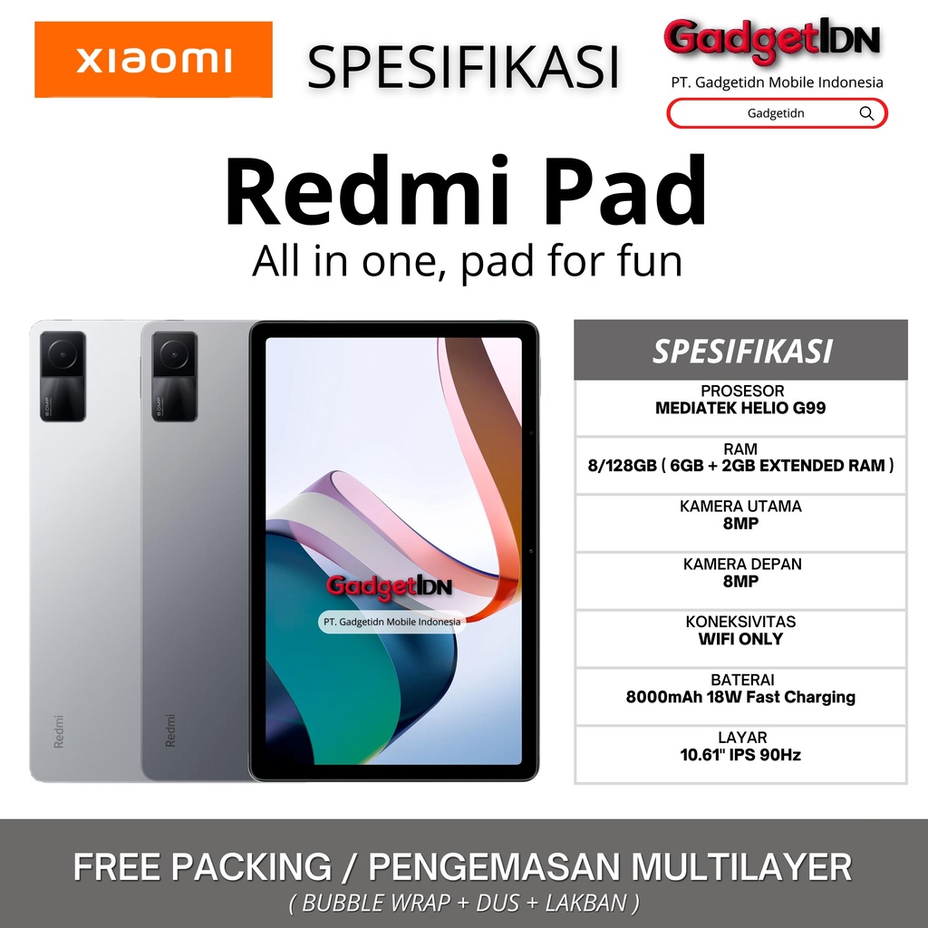 XIAOMI REDMI PAD 8/128GB ( 6GB + 2GB EXTENDED RAM ) GARANSI RESMI XIAOMI