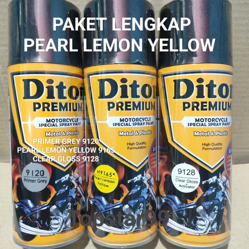 Pilok Cat Diton Premium Paket Lengkap 3 Kaleng  Pearl Lemon Yellow 9165 Kuning Lemon Primer Grey 9120 Clear Gloss 9128 400cc Pilox Paketan Cat Semprot Special Spray Paint