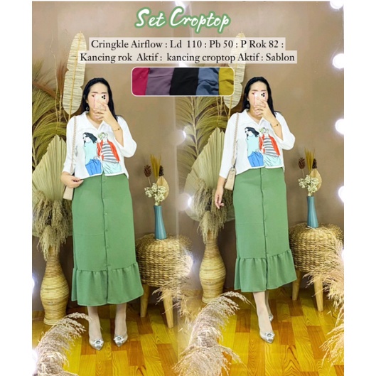 SETROK CROP ANIME/SETELAN ROK VIRAL/SETELAN ROK CRINKLE AIRFLO LD 110CM