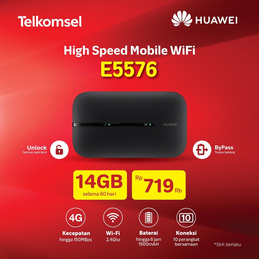 Modem Mifi Wifi Huawei E5576 4G Free Telkomsel 14GB - Portable