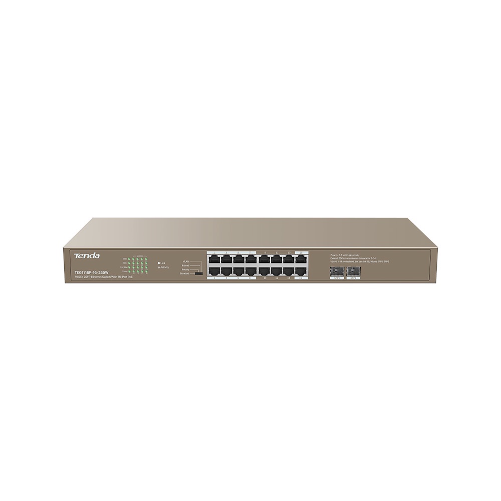 TENDA TEG1118P-16-250W 16GE+2SFP Ethernet Switch With 16-Port PoE