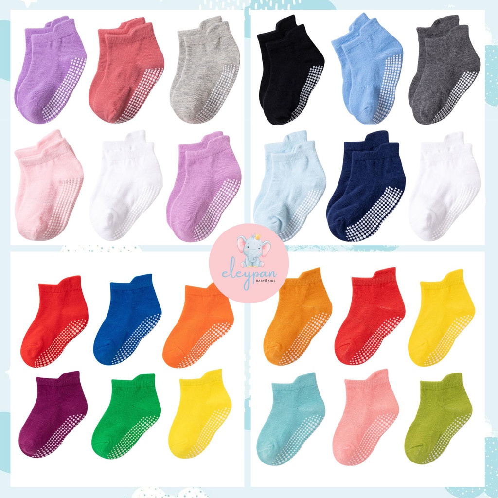 (6 Pasang) Kaos Kaki Anak Anti Slip Polos Garis Import Quality 6in1 Baby Kids Socks Kaus Kaki Anak
