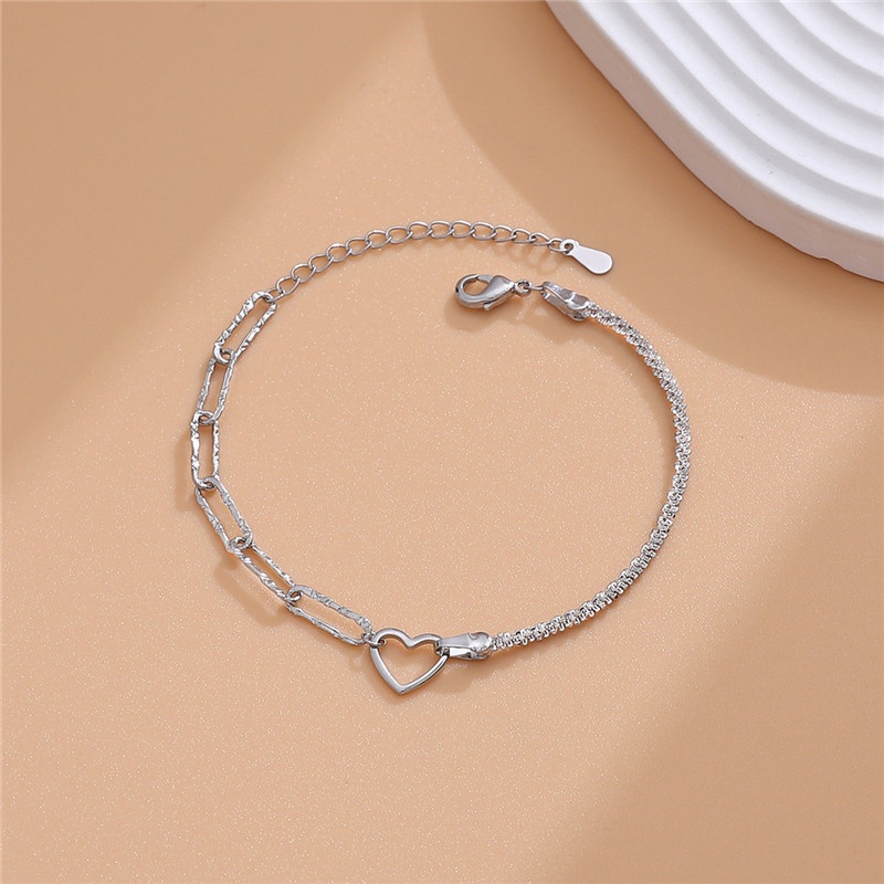 Perhiasan Gelang S925 Silver Bentuk Hati Asimetris Hollow out Glittering Gaya Korea Untuk Wanita