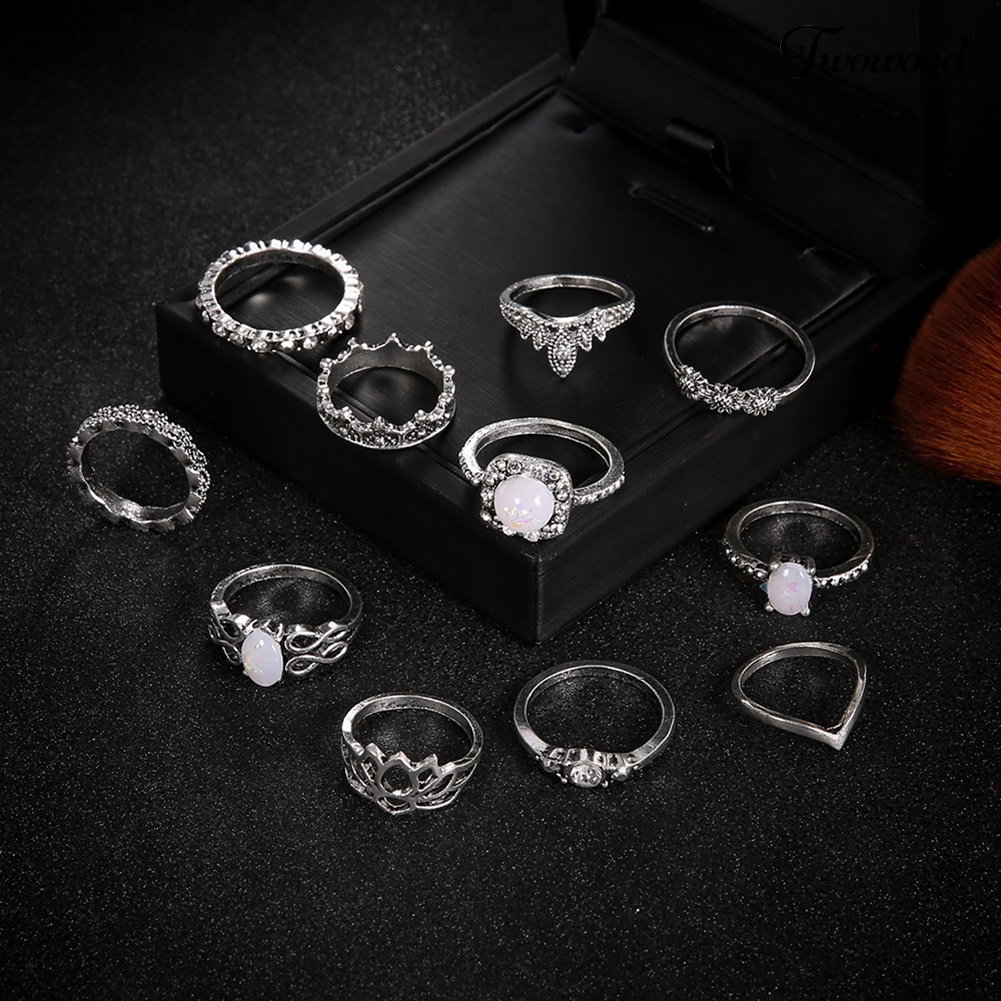 Set 11Pcs Cincin Knuckle Stacking Hias Opal Berlian Imitasi Untuk Wanita