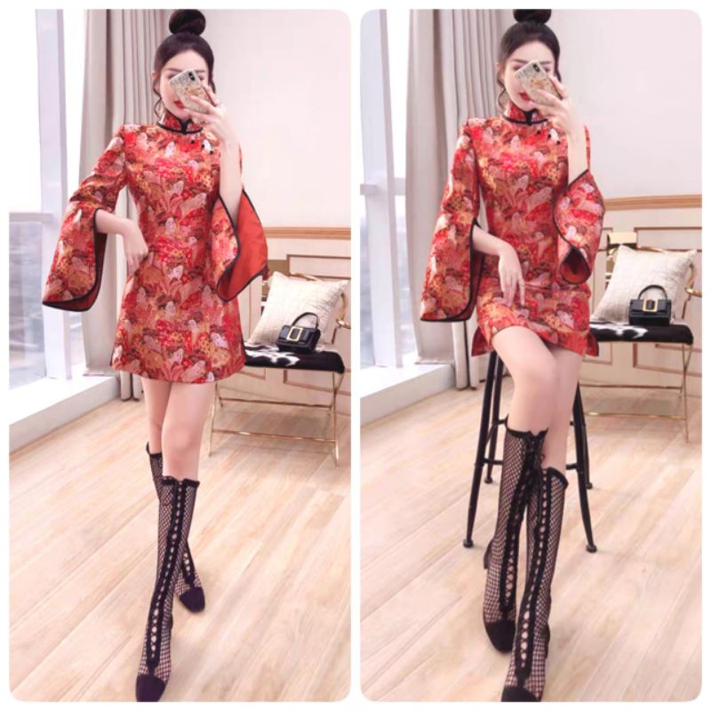 MDLV ~ 0997# CNY Golden Cheongsam Mini Dress Imlek Sincia