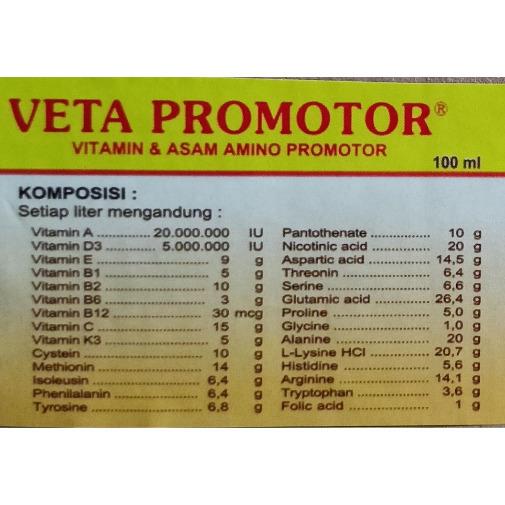 VETA PROMOTOR @100 mL | Premix Multivitamin dan Asam Amino Pemacu Pertumbuhan Ternak | SAVETA