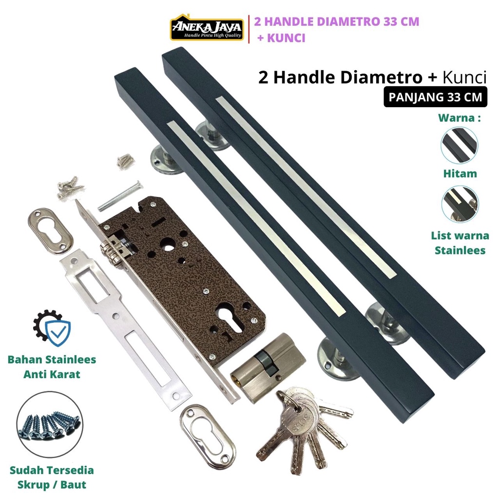 2 Gagang Pintu Set Kunci 33 cm Hitam doff Tarikan Pegangan Handle Minimalis Stainlees