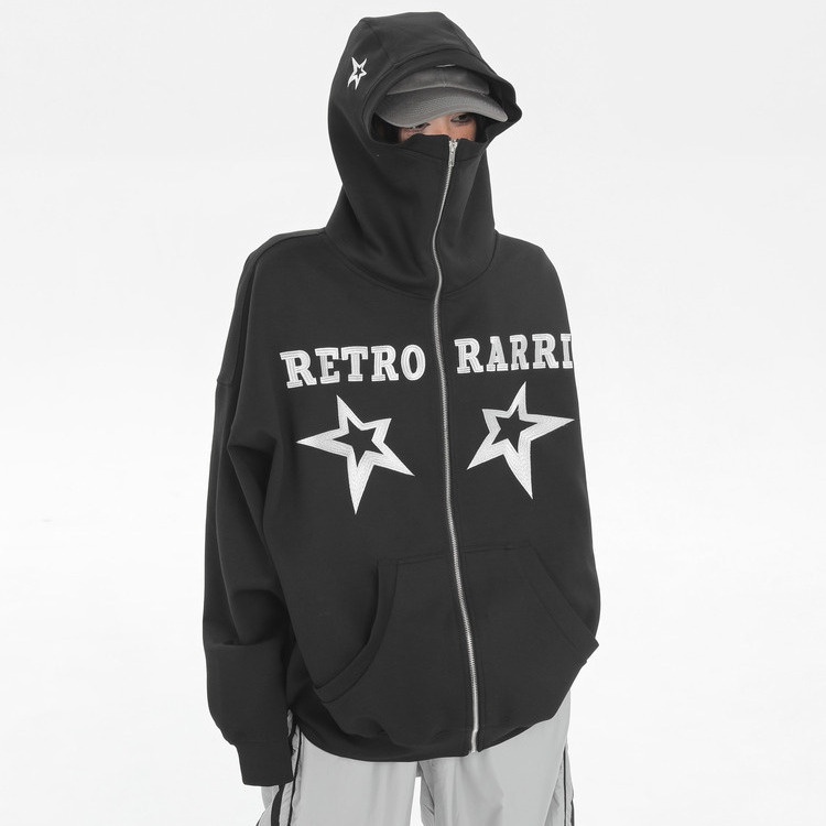 American Retro Street Niche Huruf Bintang Pasangan Berkerudung Fleece Sweater Turtleneck Jaket Pria dan Wanita Longgar Hoodies