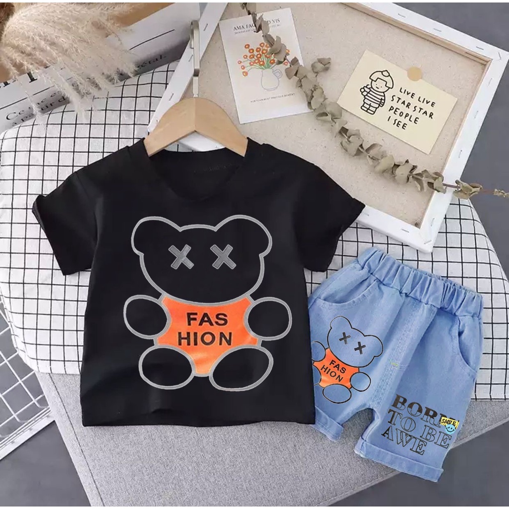 SETELAN ANAK BAJU KAOS BAHAN KATUN CELANA PENDEK BAHAN DENIM UMUR 1-5 TAHUN MOTIF BEAR FASHION BAJU ATASAN ANAK LAKI LAKI PEREMPUAN TERBARU OUTFIT ANAK MASA KINI SETELAN ANAK FASHION ANAK TERLARIS