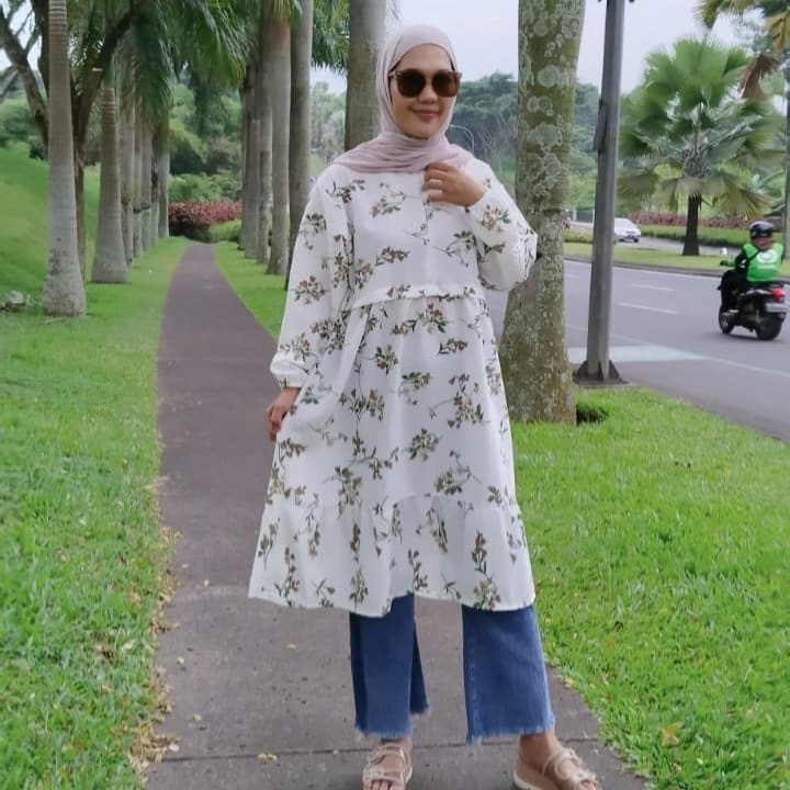 PROMO TUNIK CHILIE WHITE MOTIF BUNGA ANGGREK JUMBO LD 120CM SLETING BUSUI OVERSIZED