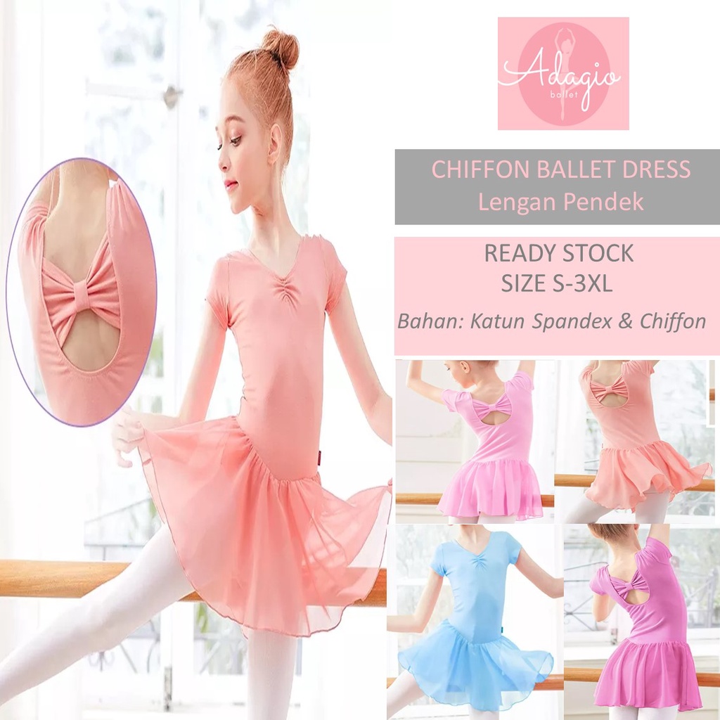 BAJU BALLET DRESS CHIFON - BOW BACK PITA LENGAN PENDEK ANAK