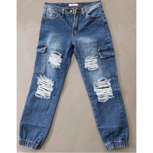 HOPYLOVY Celana Jogger Jeans Wanita HW Jeans Ripped Moira