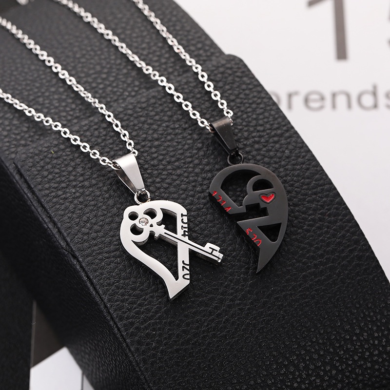 Fashion Pasangan Kalung Sepasang Set Jahitan Kunci Liontin Kalung Stainless Steel Cinta Hati Hadiah Hari Valentine